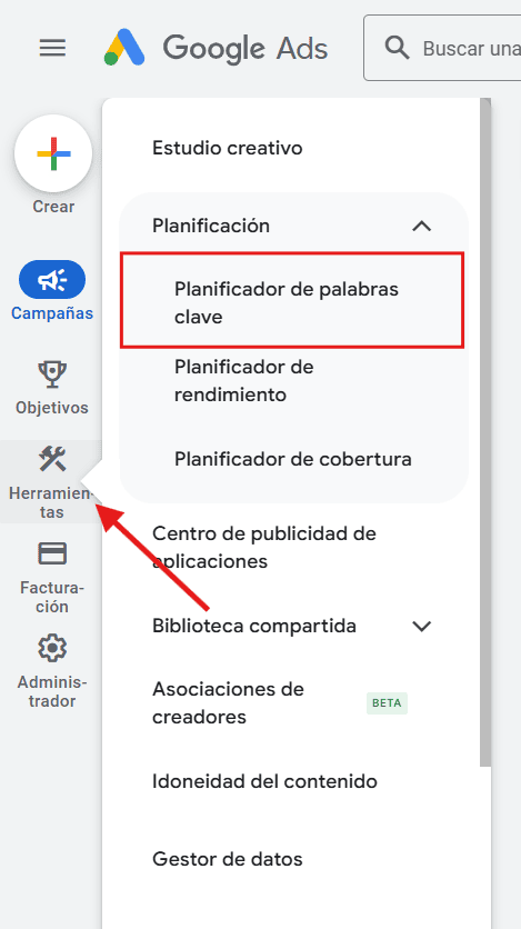 Como llegar al planificador de palabras clave